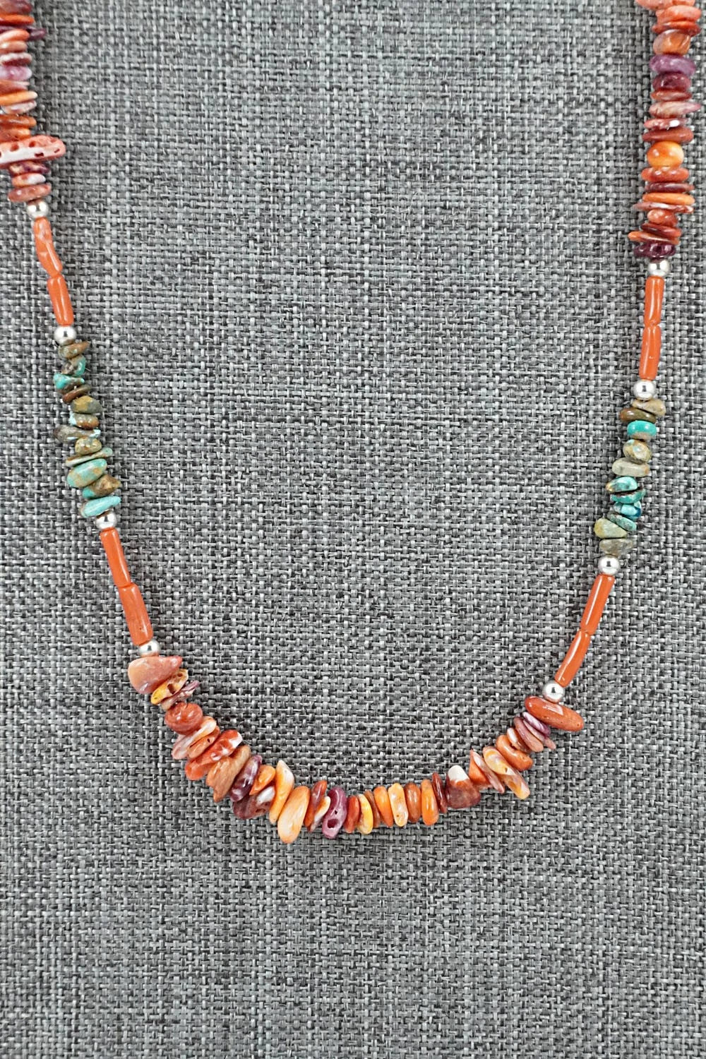 Spiny Oyster, Turquoise & Sterling Silver Necklace 22" - Erika Brown