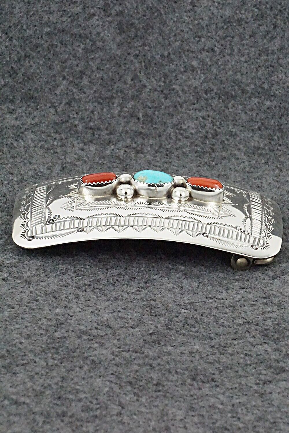 Turquoise, Coral & Sterling Silver Belt Buckle - Wilbur Myers