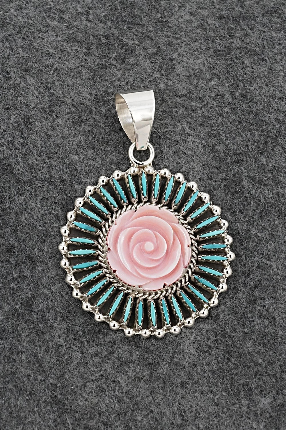 Turquoise, Pink Conch & Sterling Silver Pendant - Roland Francisco