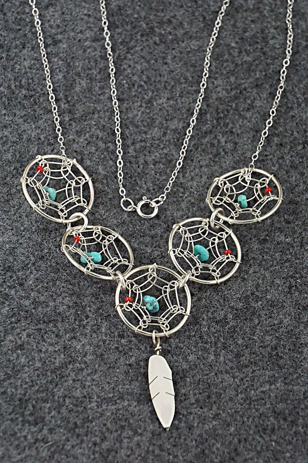 Turquoise, Coral & Sterling Silver Necklace - Lorenzo Arviso Jr.