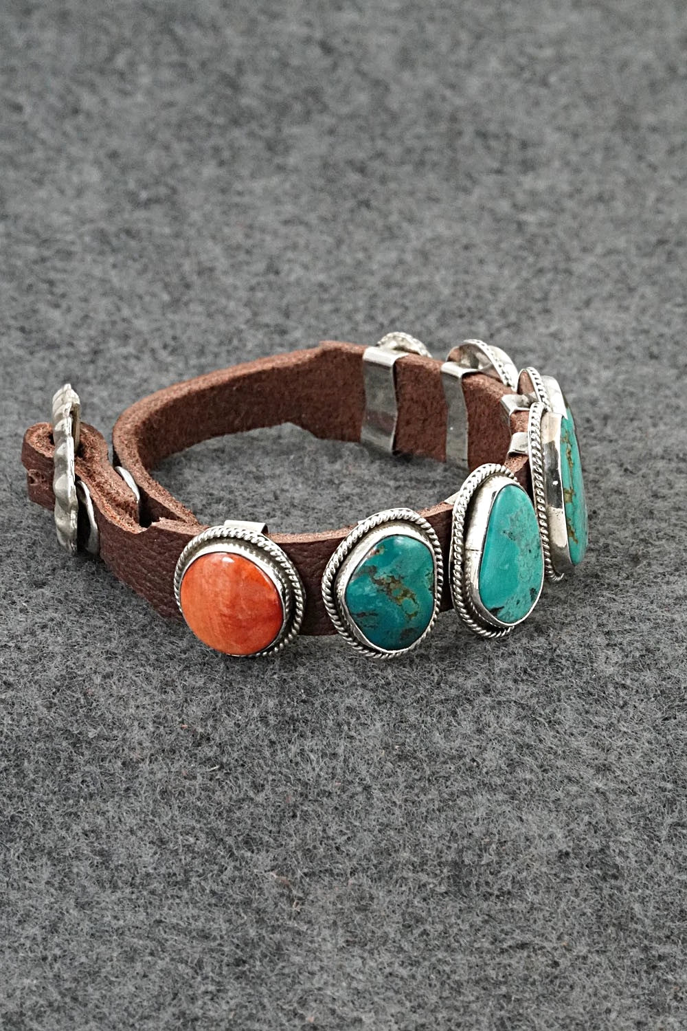 Turquoise, Spiny Oyster, Sterling Silver & Leather Bracelet - Marlene Ramone