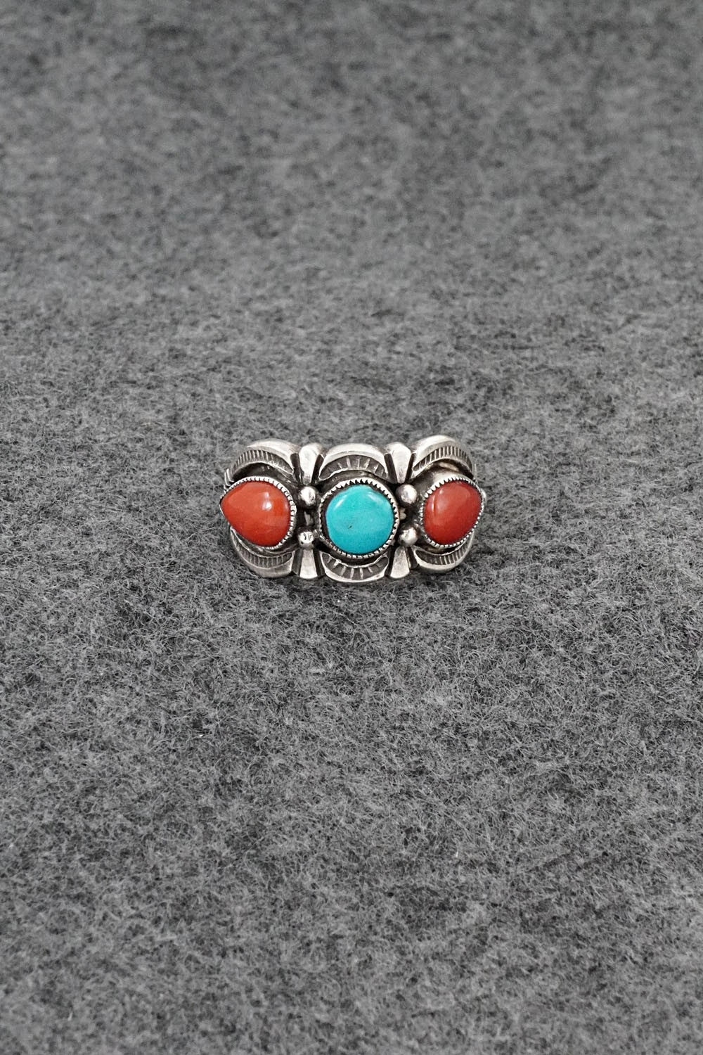 Turquoise, Coral & Sterling Silver Ring - Calvin Martinez - Size 9