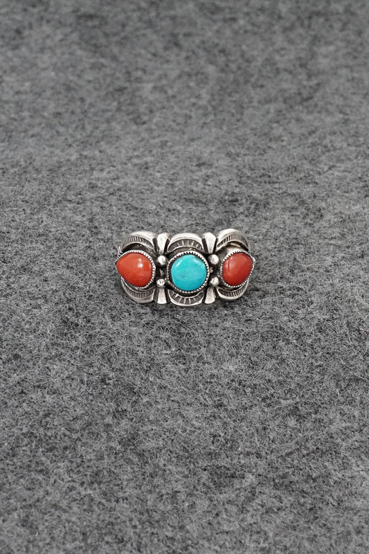 Turquoise, Coral & Sterling Silver Ring - Calvin Martinez - Size 9