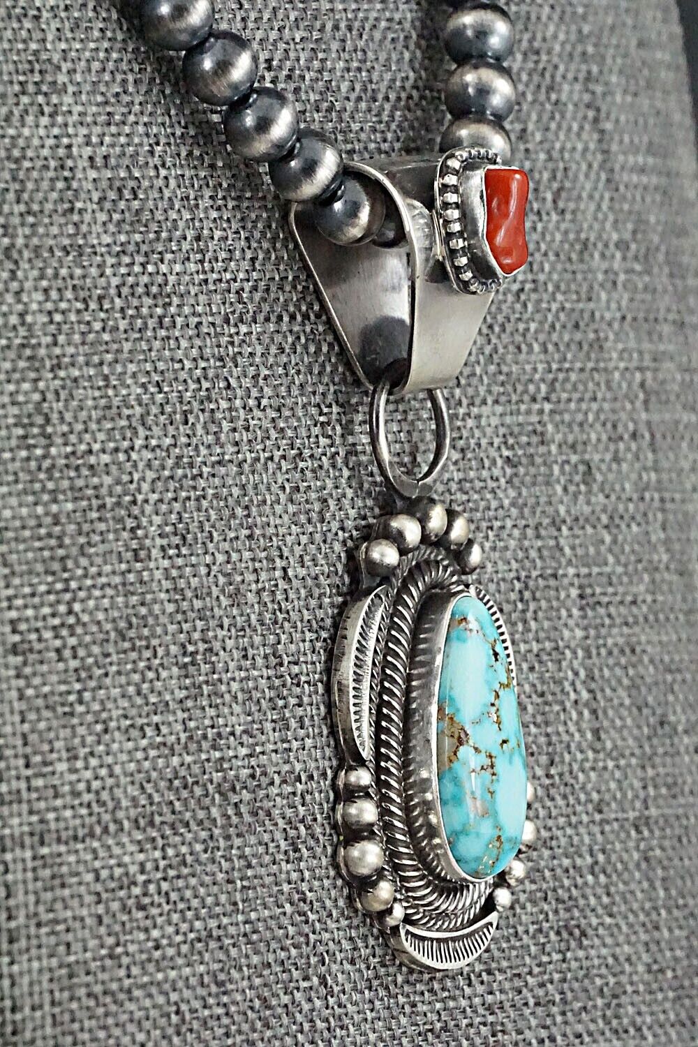 Turquoise, Coral & Sterling Silver Necklace - Tom Lewis