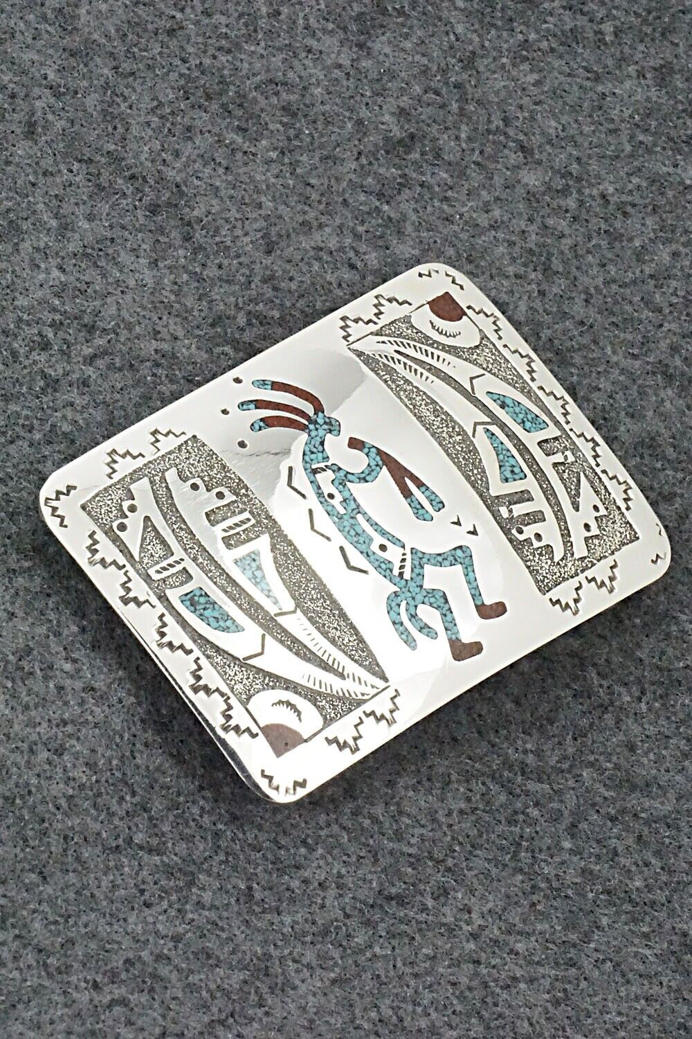 Turquoise, Coral Chip Inlay & Sterling Silver Belt Buckle - Raymond Begay