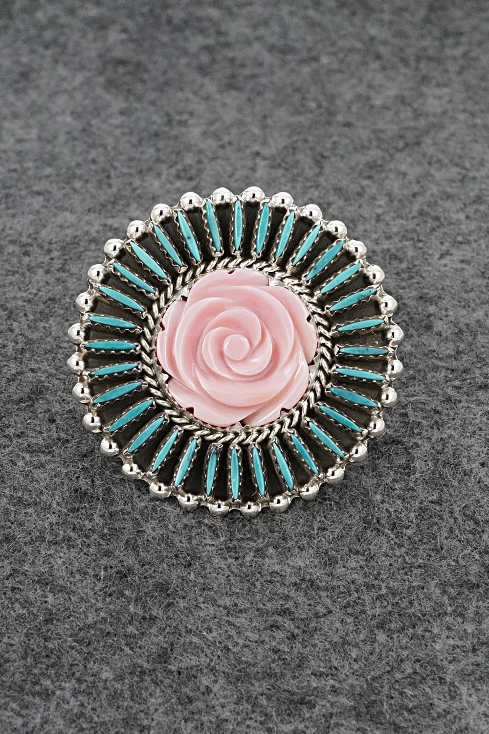 Turquoise, Pink Conch & Sterling Silver Ring - Roland Francisco - Size Adj.