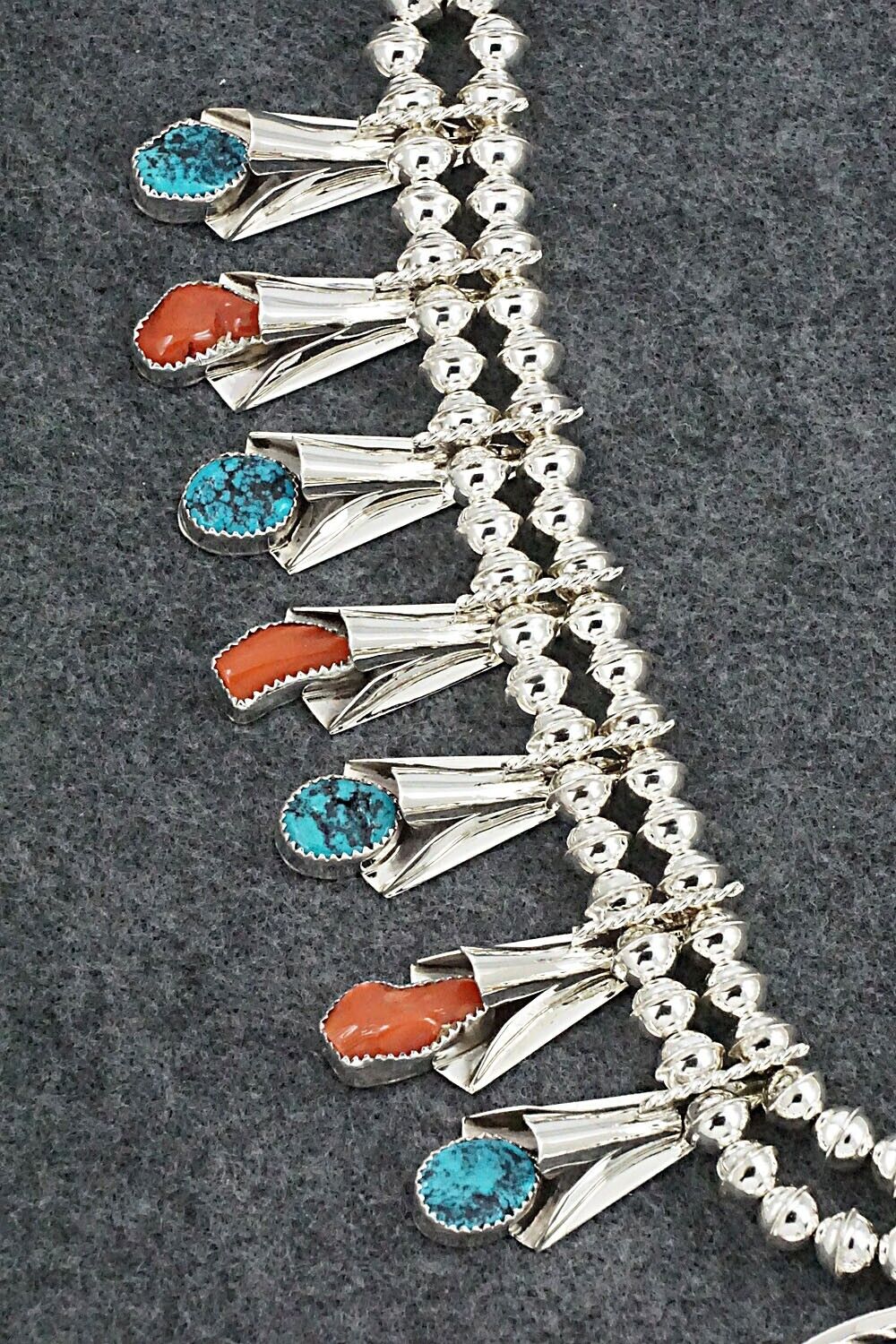 Turquoise, Coral & Sterling Silver Squash Blossom Set - Louise Yazzie