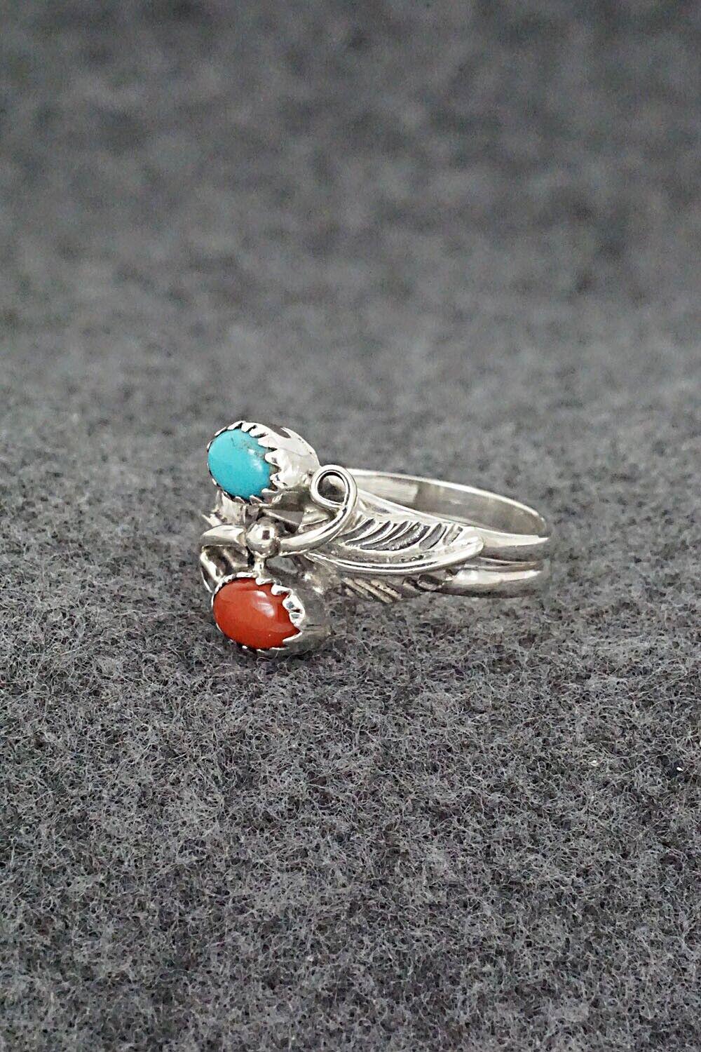 Turquoise, Coral & Sterling Silver Ring - Harry B. Yazzie - Size 7.5