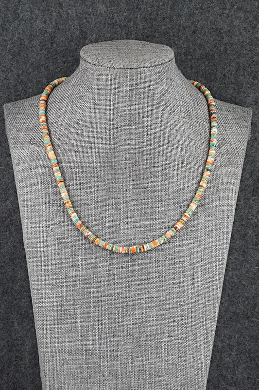 Turquoise, Spiny Oyster & Sterling Silver Necklace 17" - Doreen Jake