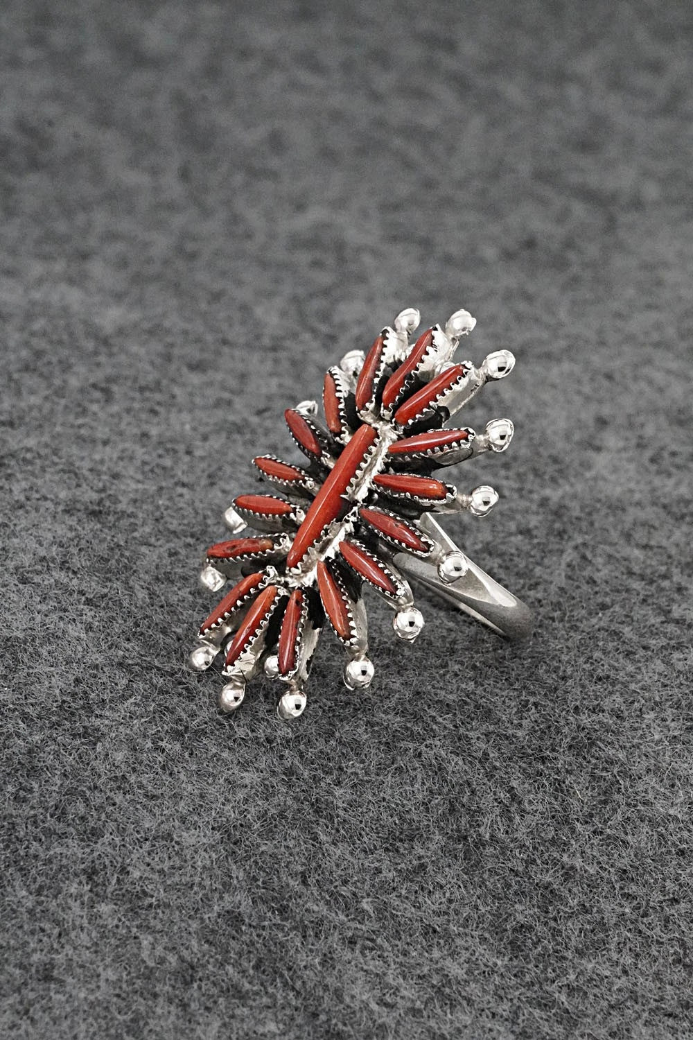 Coral & Sterling Silver Ring - Jack Etsate - Size 7.5