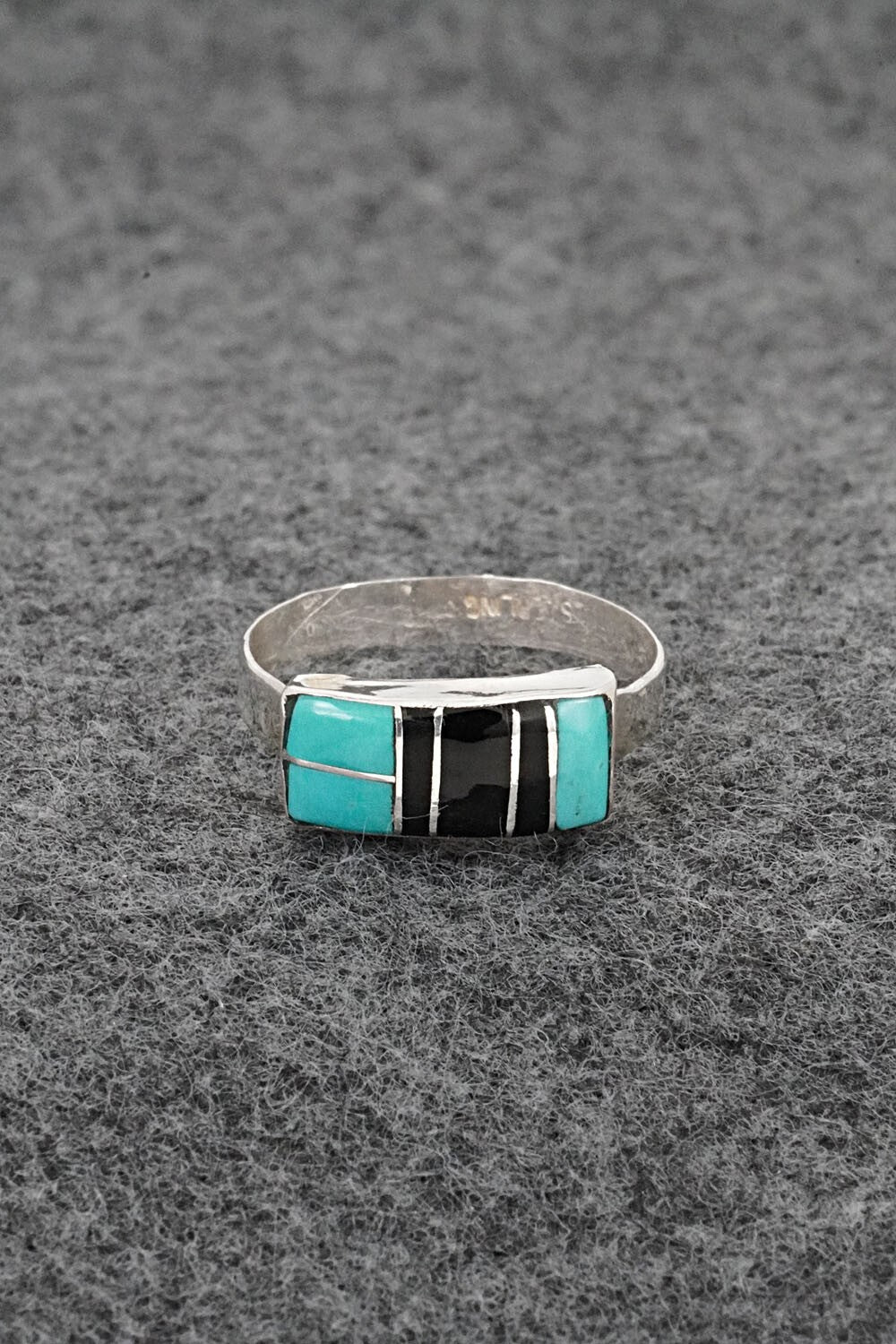 Turquoise, Onyx & Sterling Silver Inlay Ring - Ola Eriacho - Size 8
