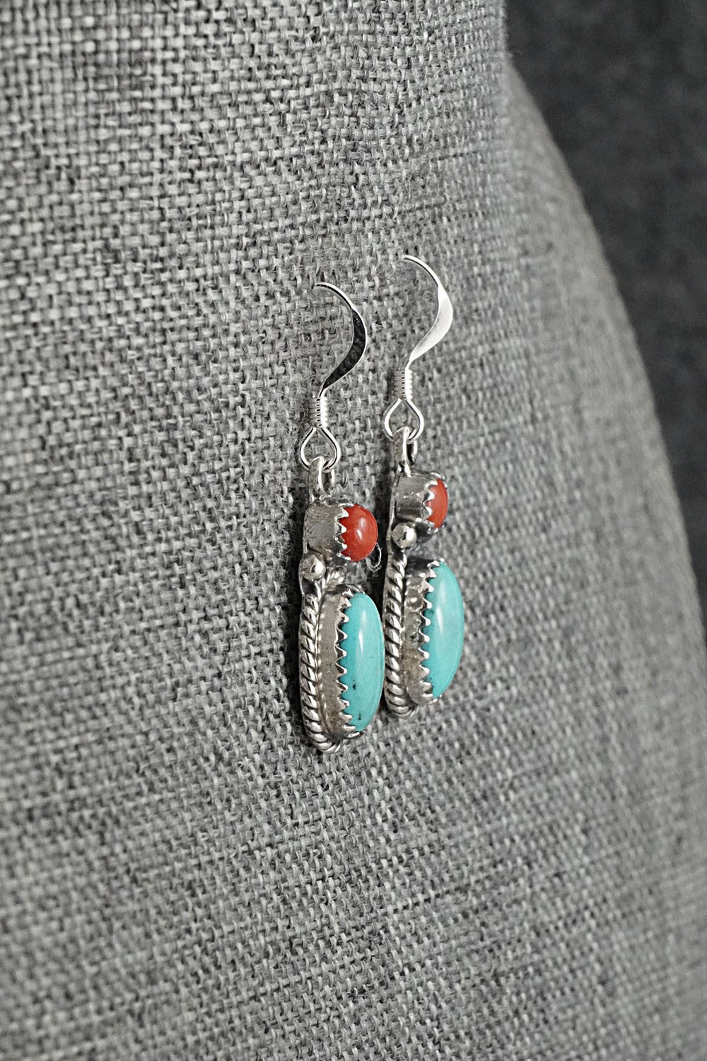 Turquoise, Coral & Sterling Silver Earrings - Verley Betone