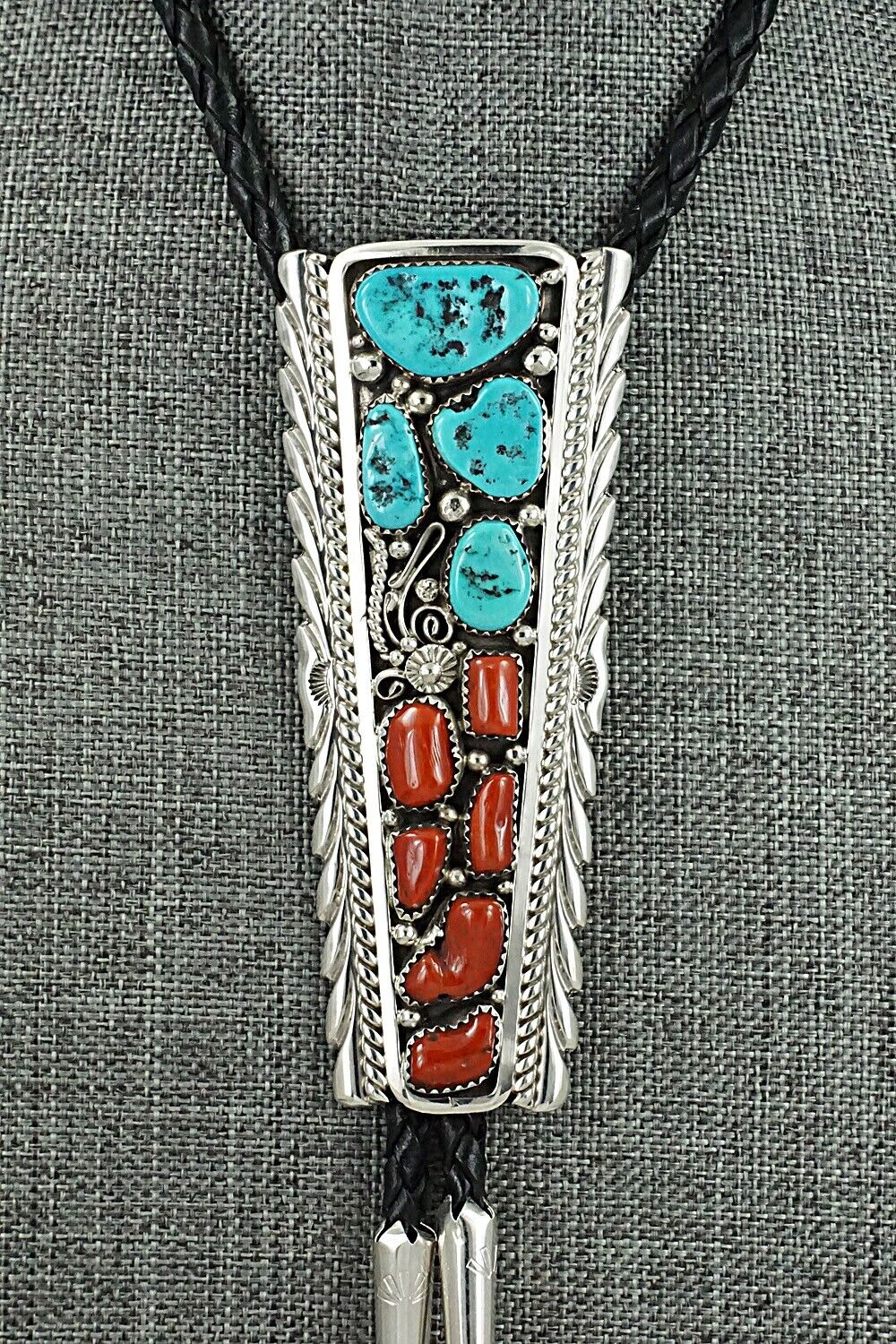 Turquoise, Coral & Sterling Silver Bolo Tie - Martin Muskett