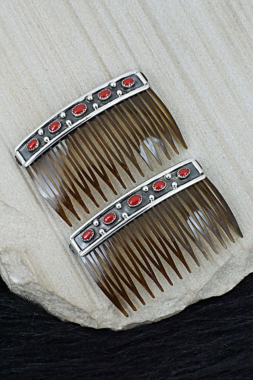 Coral & Sterling Silver Hair Combs - Paul Largo