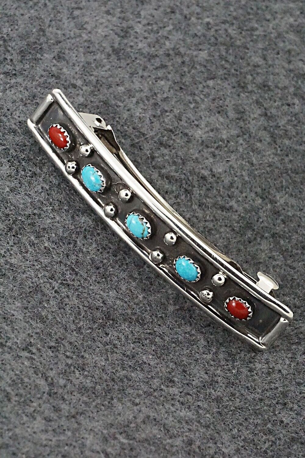 Turquoise, Coral & Sterling Silver Hair Barrette - Paul Largo