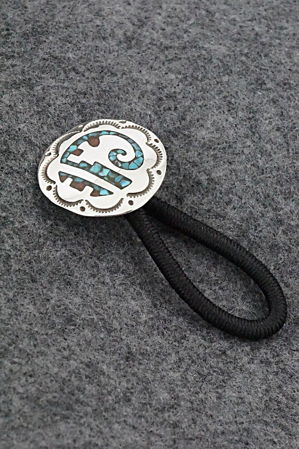 Turquoise, Coral Chip Inlay & Sterling Silver Hair Tie - Joleen Yazzie