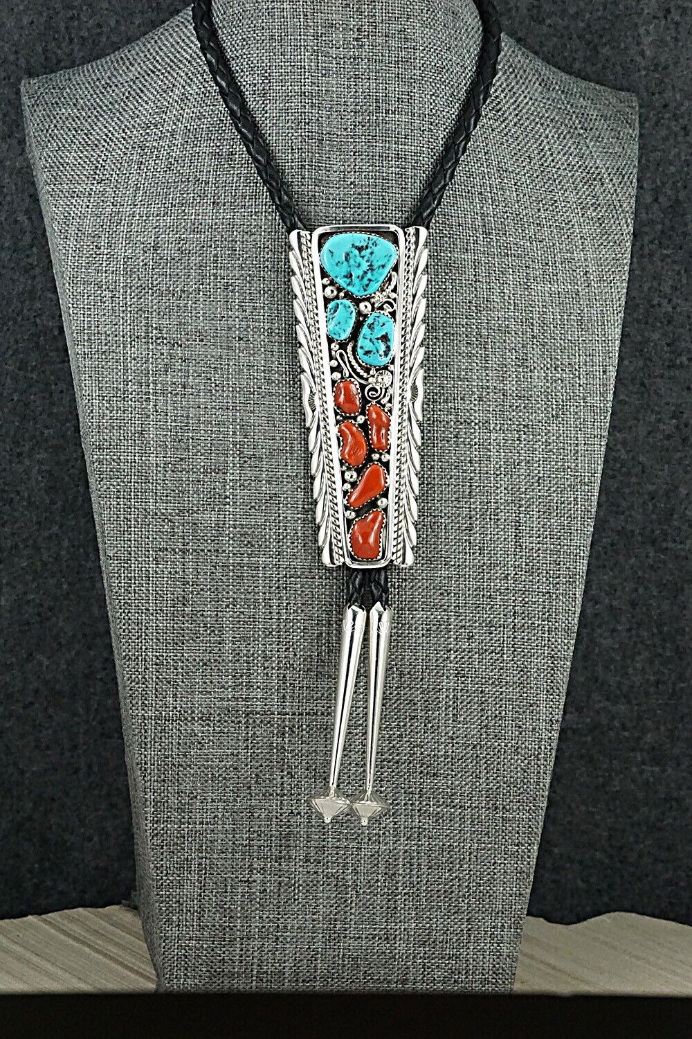 Turquoise, Coral & Sterling Silver Bolo Tie - Martin Muskett