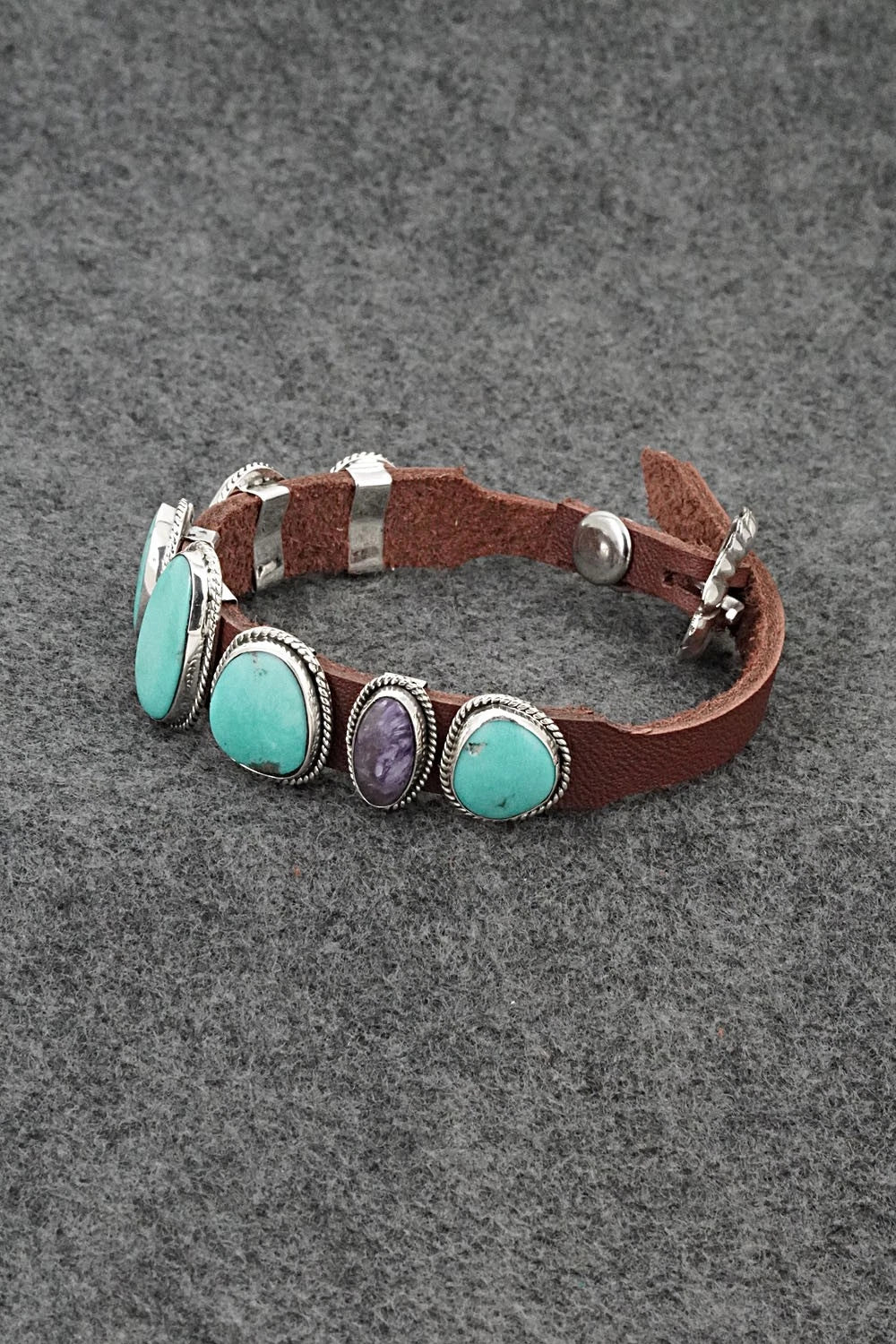 Turquoise, Spiny Oyster, Sterling Silver & Leather Bracelet - Bonnie Willie