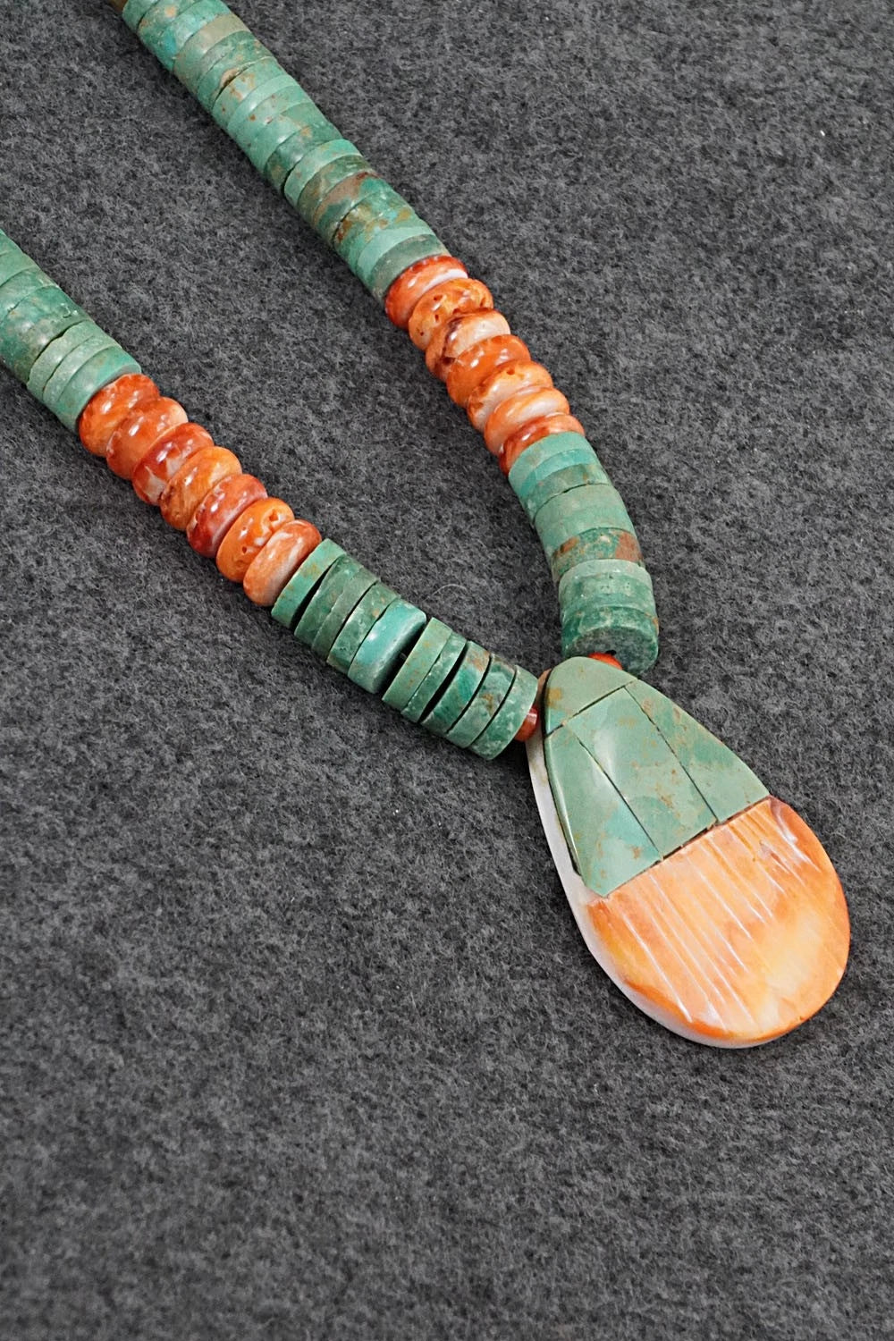 Turquoise, Spiny Oyster and Sterling Silver Necklace - Lupe Lovato