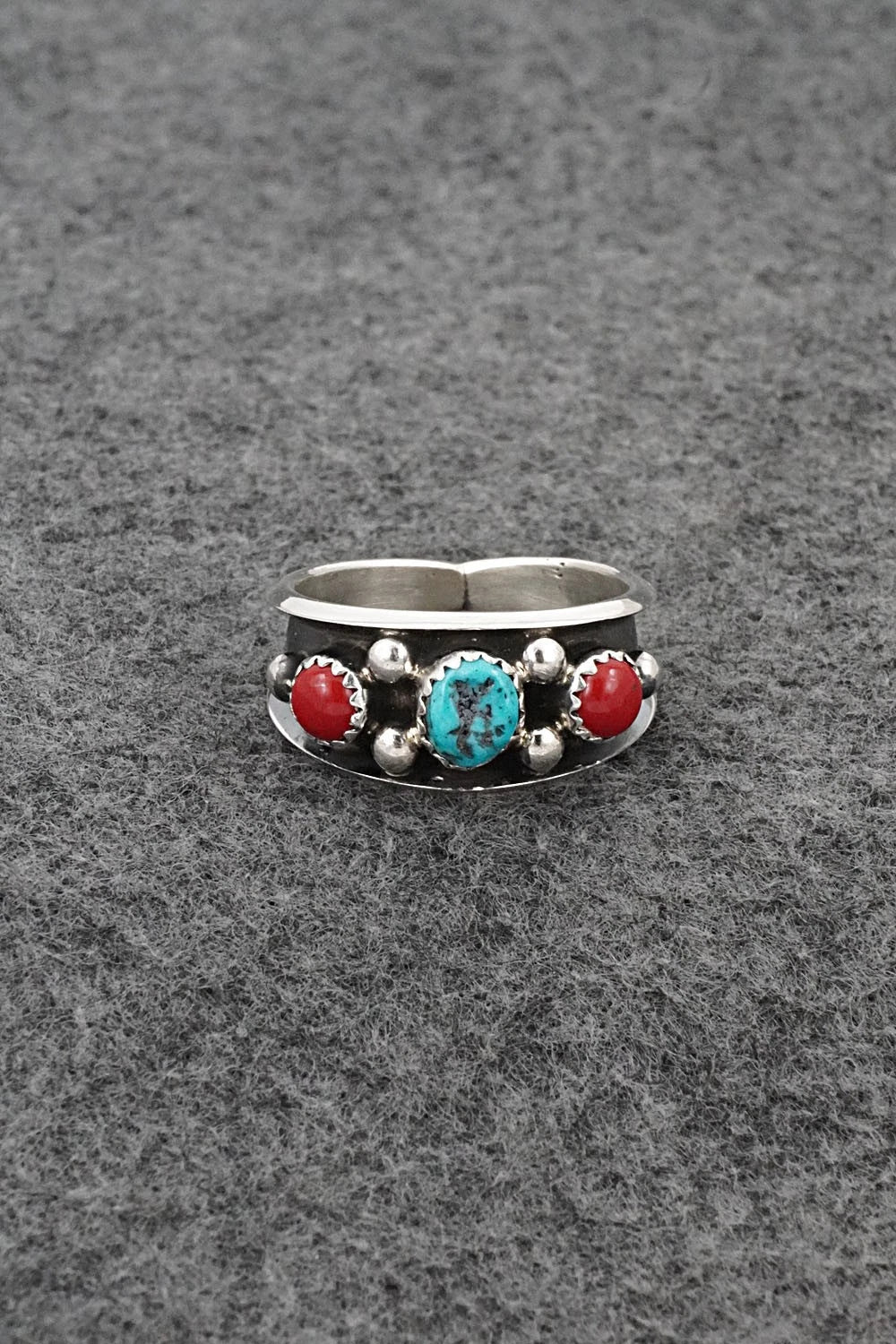 Turquoise, Coral & Sterling Silver Ring - Paul Largo - Size 10