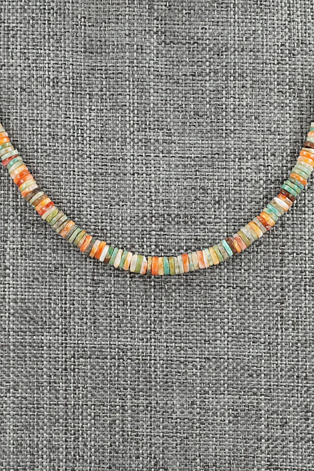 Turquoise, Spiny Oyster & Sterling Silver Necklace 17" - Doreen Jake