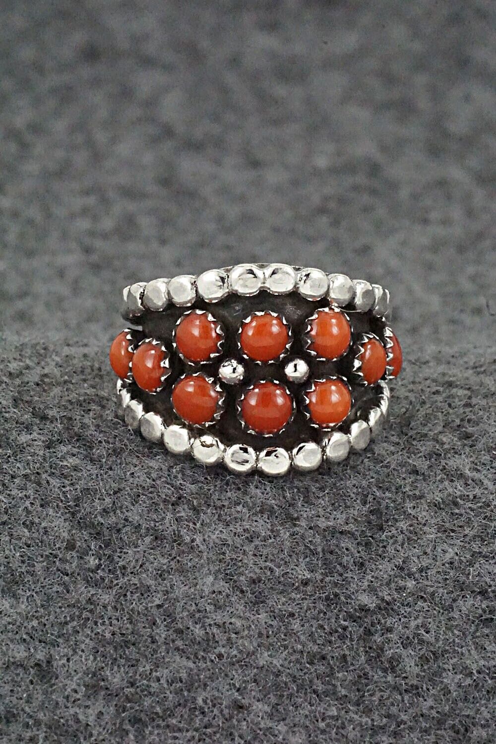 Coral & Sterling Silver Ring - Kenny Lonjose - Size 7