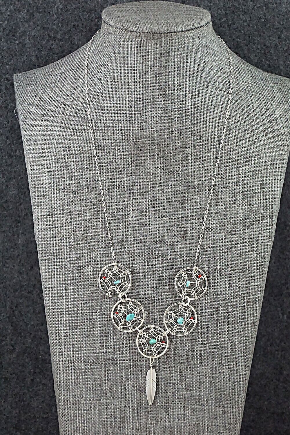 Turquoise, Coral & Sterling Silver Necklace - Lorenzo Arviso Jr.