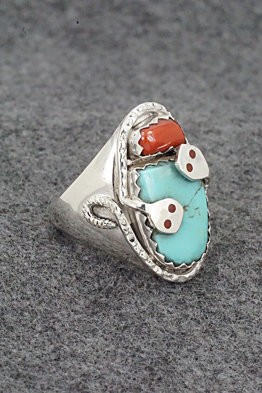 Turquoise, Coral & Sterling Silver Ring - Joy Calavaza - Size 11.25