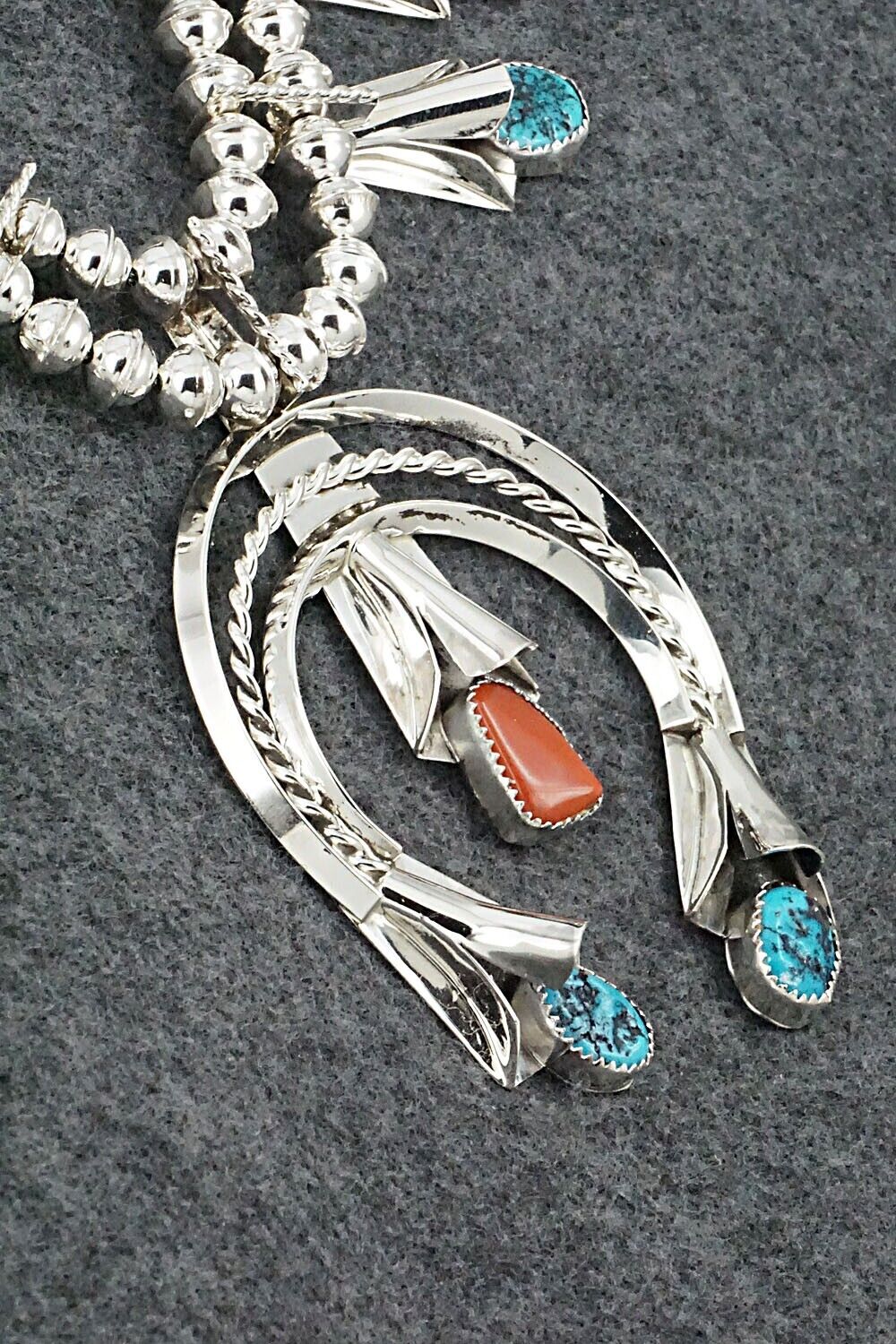 Turquoise, Coral & Sterling Silver Squash Blossom Set - Louise Yazzie