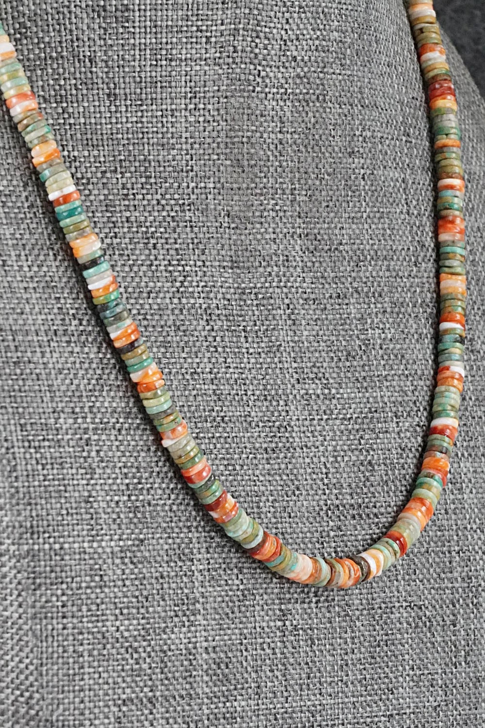 Turquoise, Spiny Oyster & Sterling Silver Necklace 17" - Doreen Jake