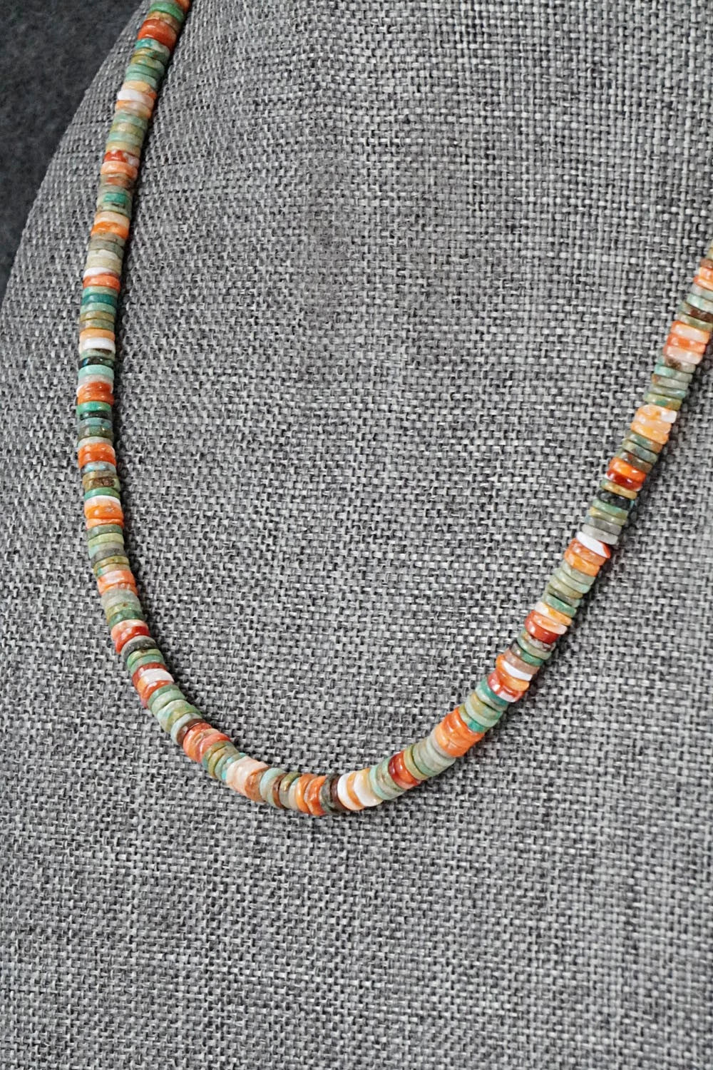 Turquoise, Spiny Oyster & Sterling Silver Necklace 17" - Doreen Jake