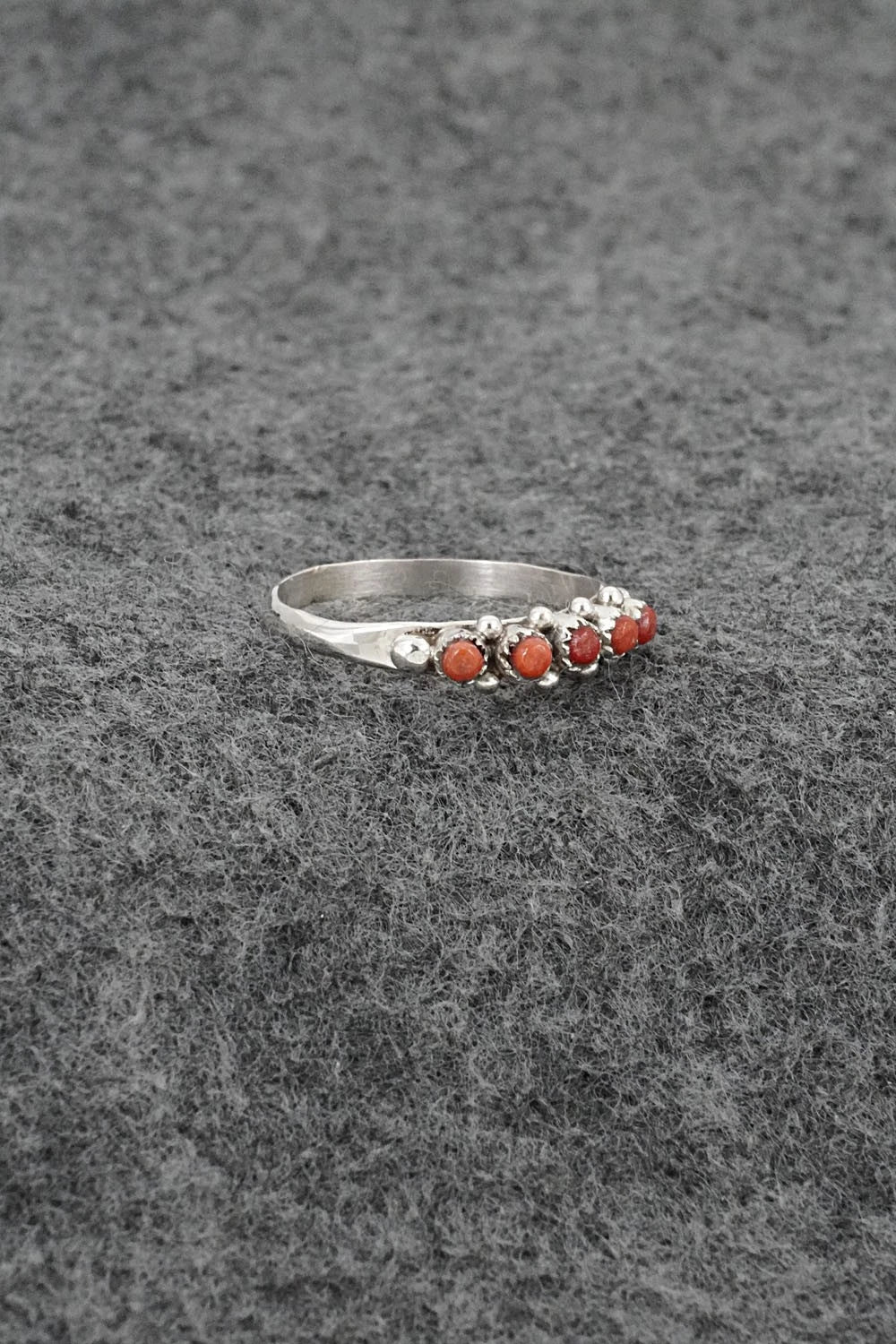 Coral & Sterling Silver Ring - April Haloo - Size 7.5