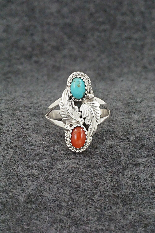 Turquoise, Coral & Sterling Silver Ring - Robert Martinez - Size 7.75