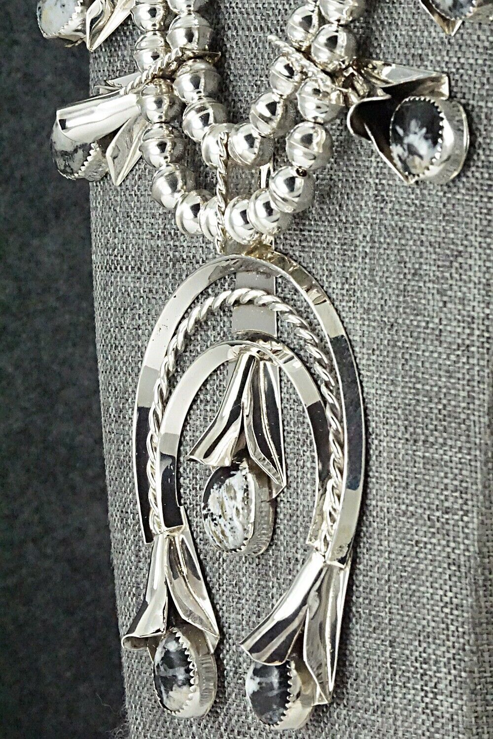 White Buffalo & Sterling Silver Squash Blossom Set - Louise Yazzie