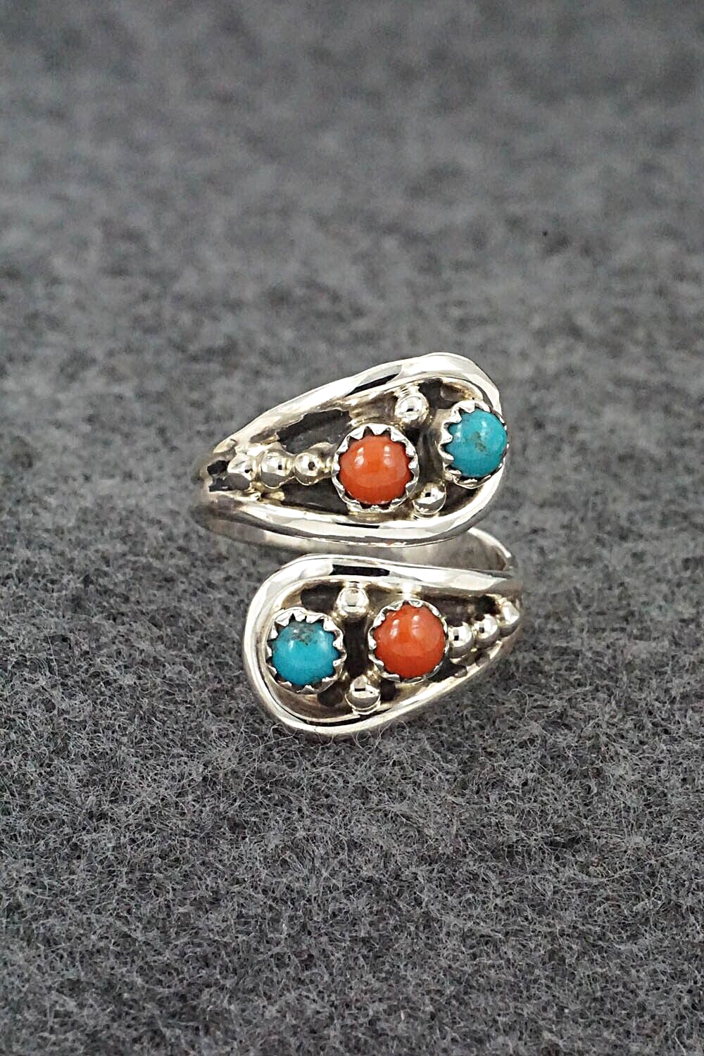 Turquoise, Coral & Sterling Silver Ring - Genevieve Francisco - Size 7.5