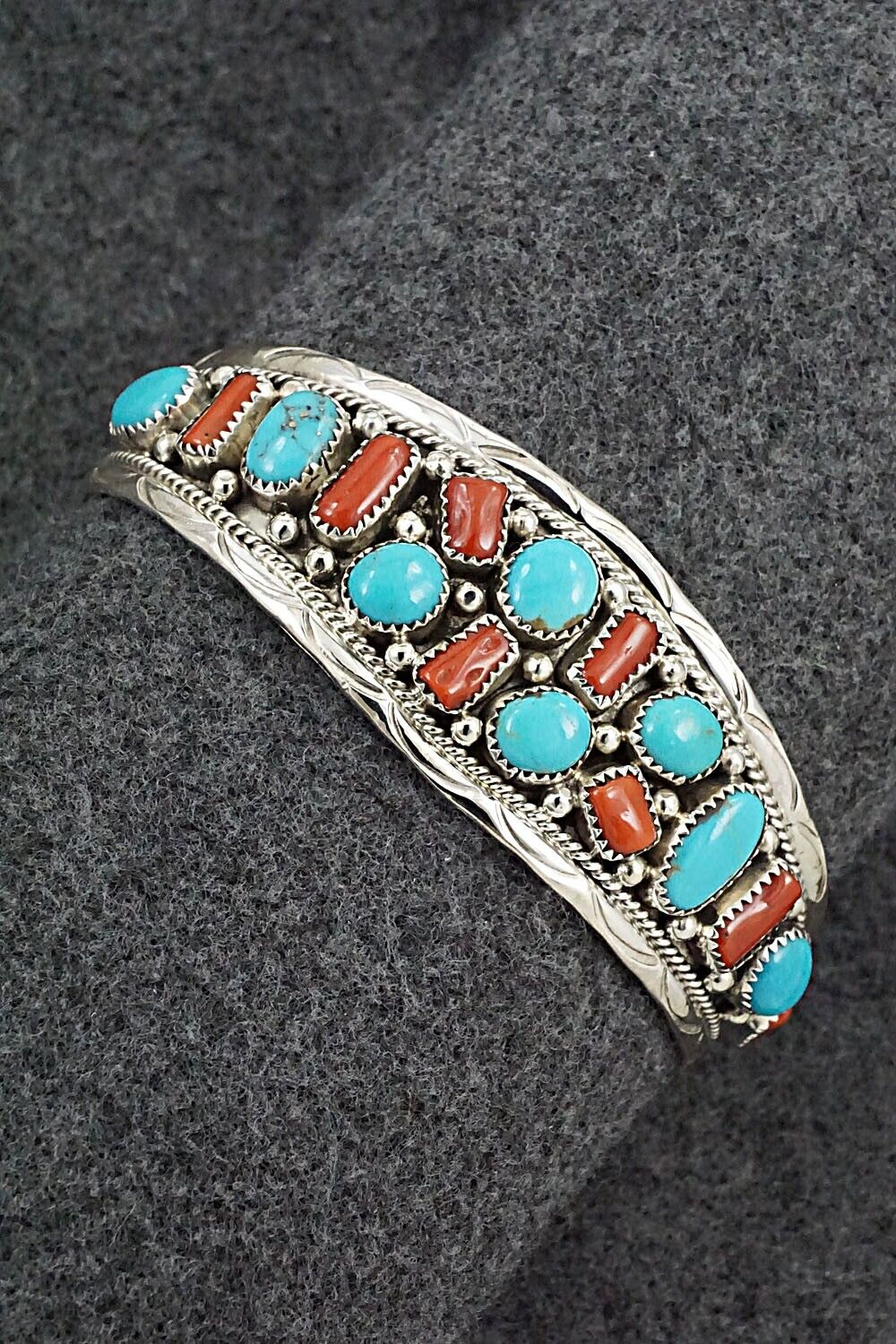 Turquoise, Coral & Sterling Silver Bracelet - Anita Whitegoat