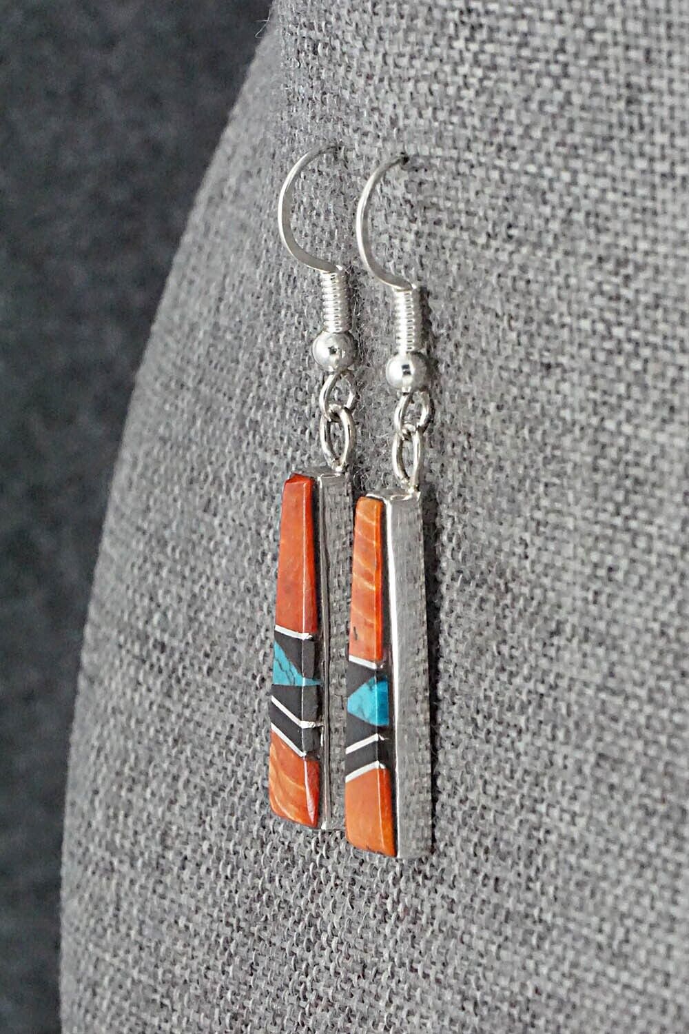 Spiny Oyster, Turquoise, Onyx & Sterling Silver Inlay Earrings - Priscella Smith