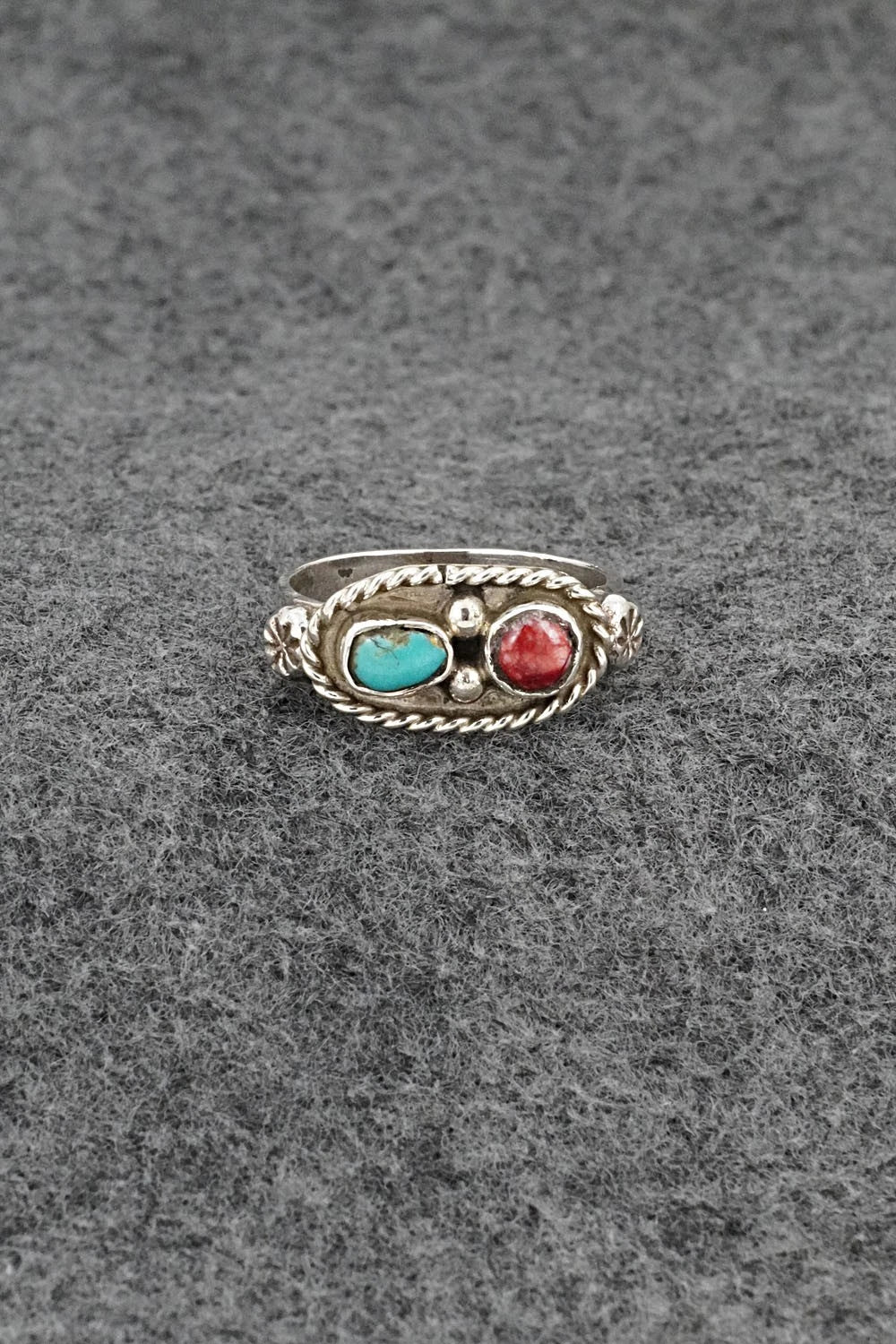 Turquoise, Spiny Oyster & Sterling Silver Ring - Priscilla Reeder - Size 8.5