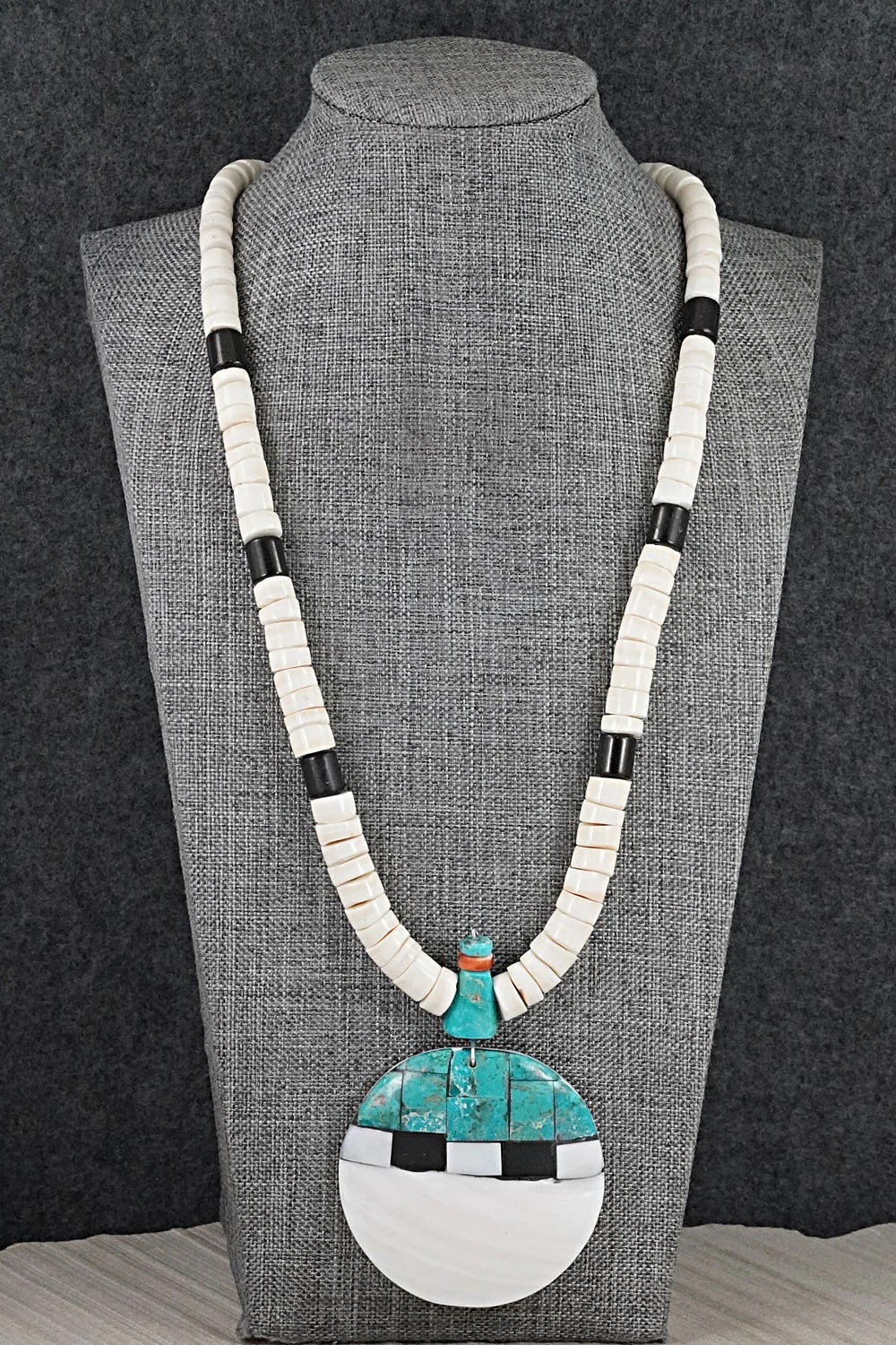 Turquoise, Melon Shell and Sterling Silver Necklace - Lupe Lovato