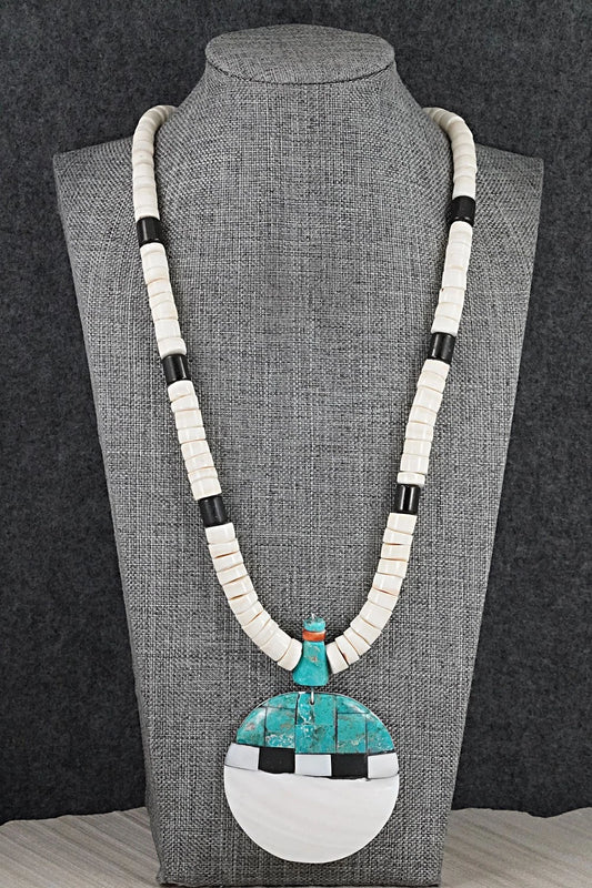 Turquoise, Melon Shell and Sterling Silver Necklace - Lupe Lovato