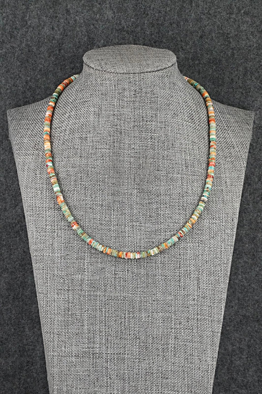 Turquoise, Spiny Oyster & Sterling Silver Necklace 17" - Doreen Jake