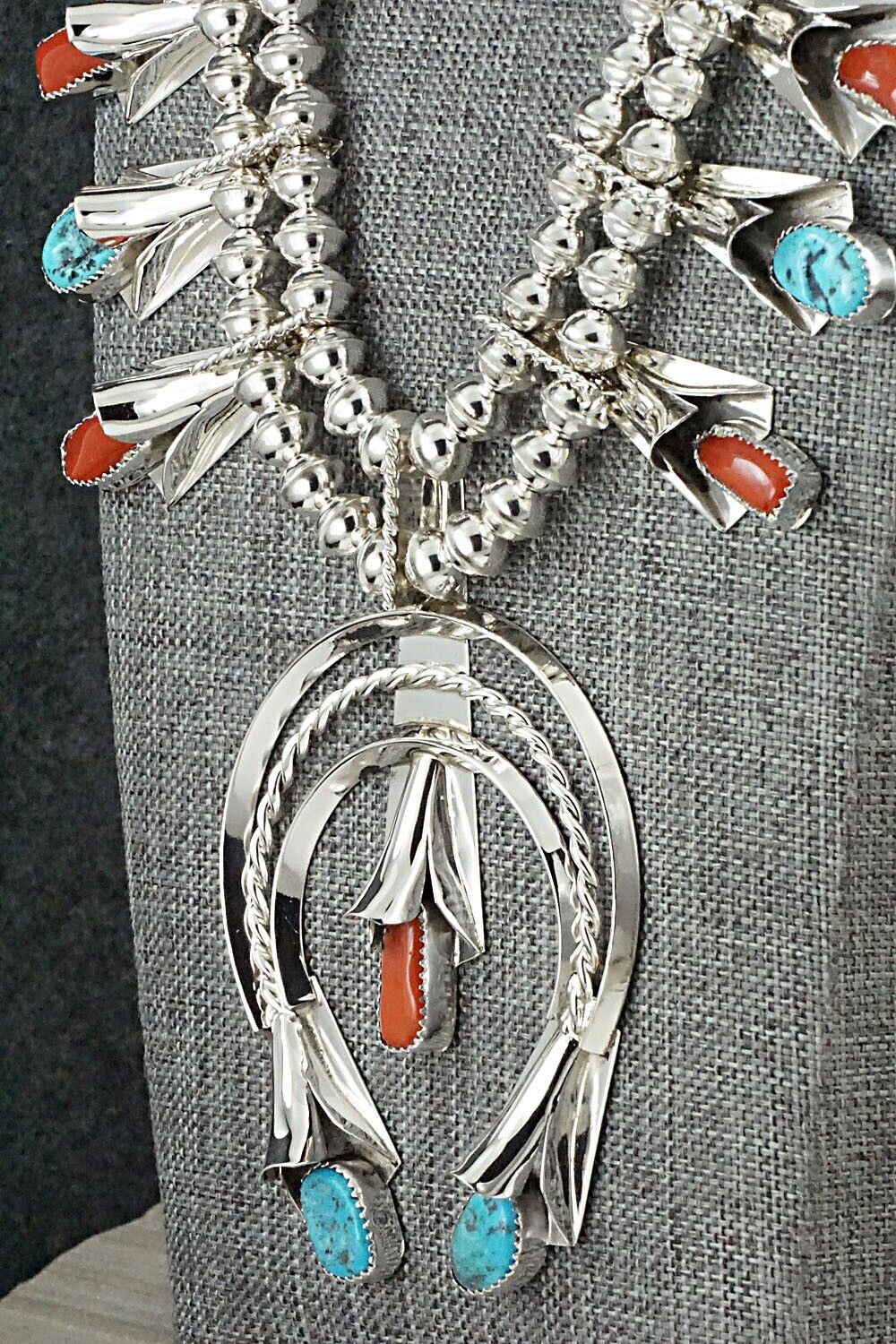 Turquoise, Coral & Sterling Silver Squash Blossom Set - Louise Yazzie
