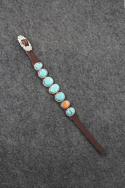 Turquoise, Spiny Oyster, Sterling Silver & Leather Bracelet - Rosita Charlie