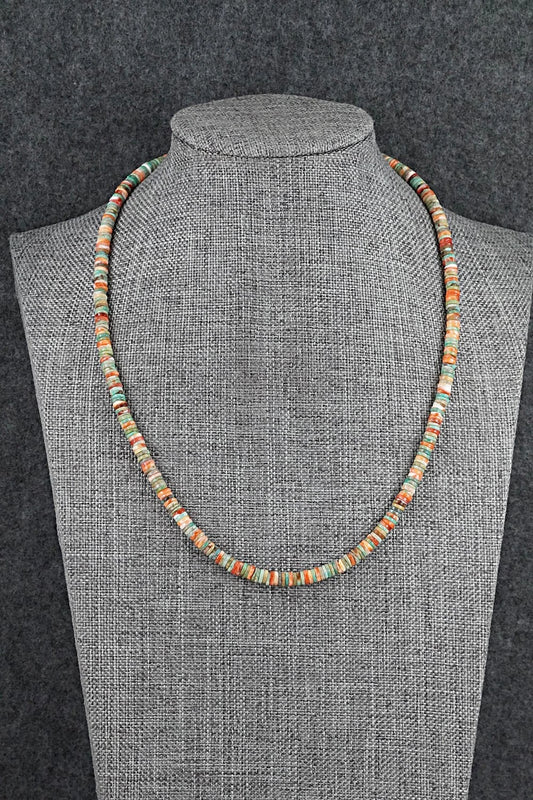 Turquoise, Spiny Oyster & Sterling Silver Necklace 17" - Doreen Jake