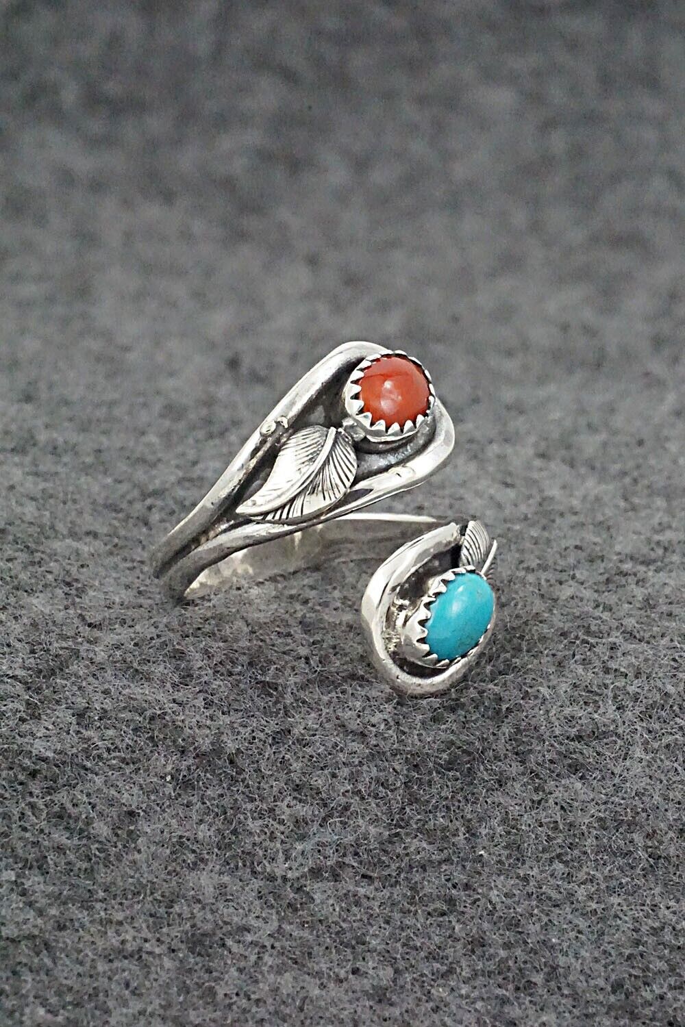 Turquoise, Coral & Sterling Silver Ring - Angela Platero - Size 7