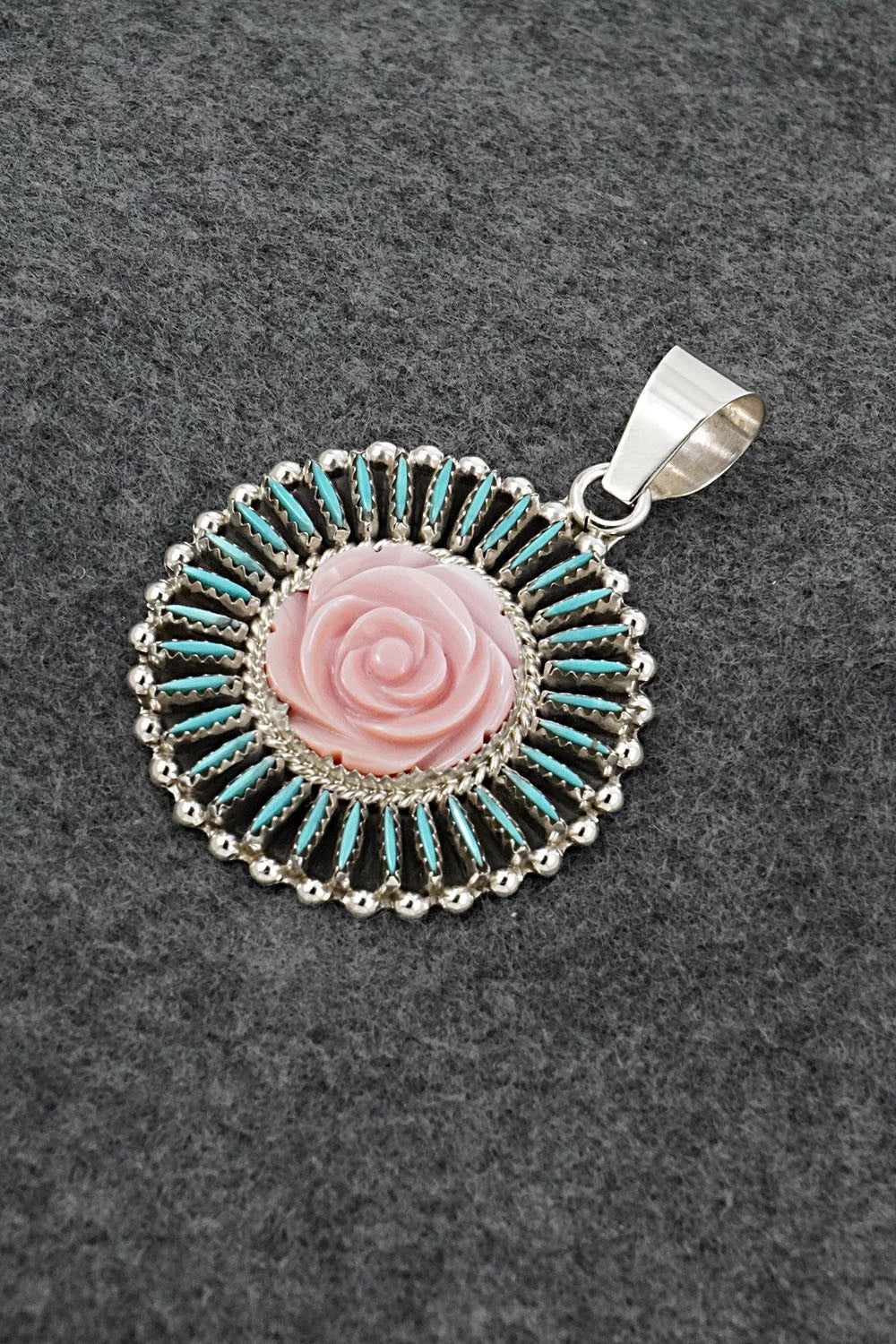 Turquoise, Pink Conch & Sterling Silver Pendant - Roland Francisco