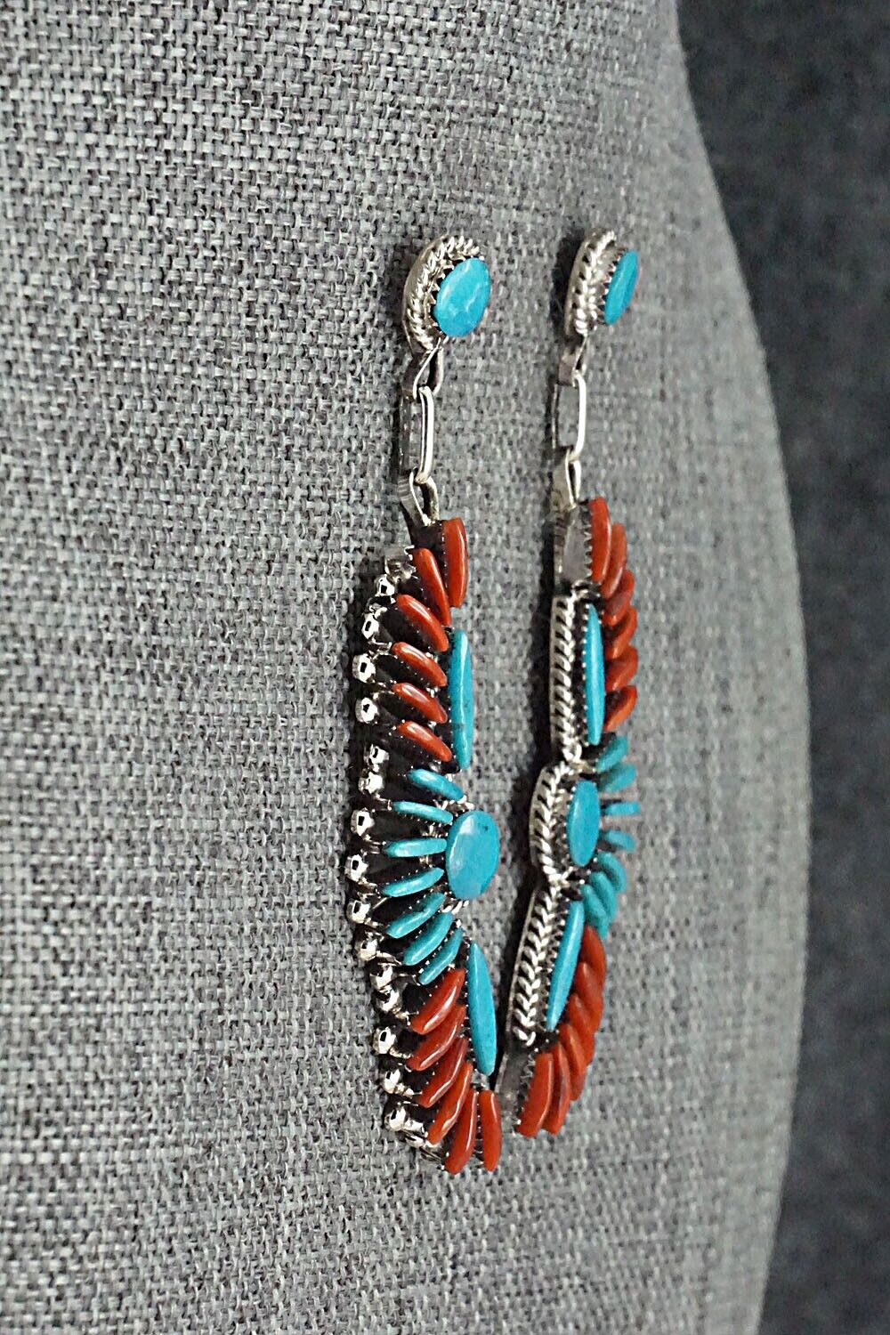 Turquoise, Coral & Sterling Silver Earrings - Edmund Cooeyate
