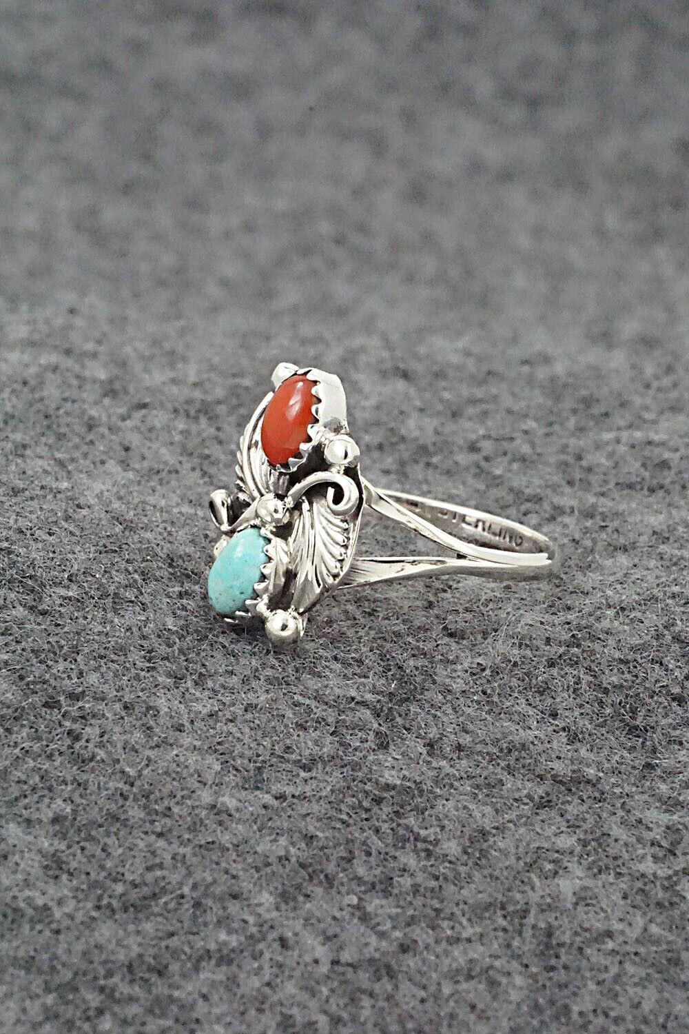 Turquoise, Coral & Sterling Silver Ring - Harris Largo - Size 9