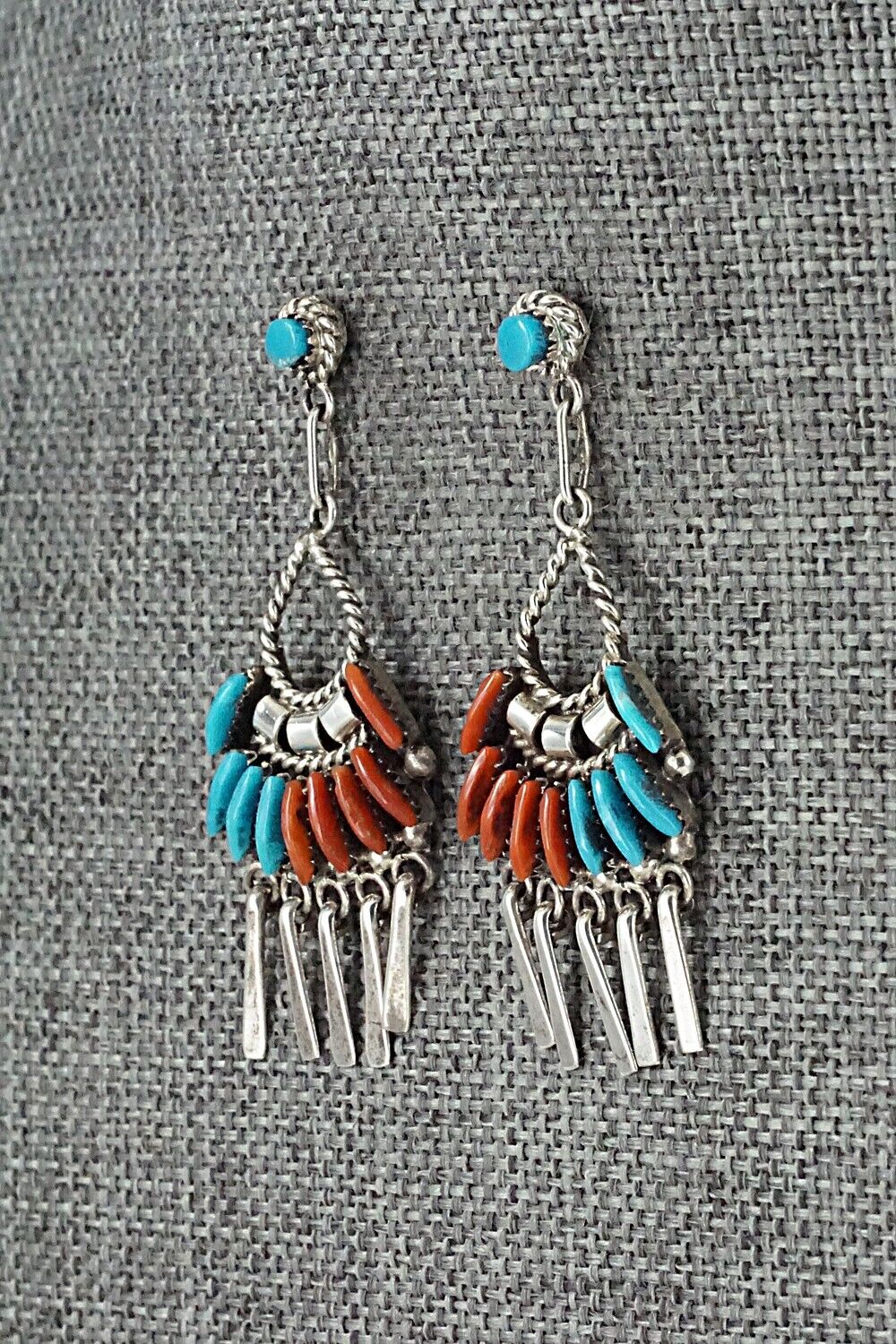 Turquoise, Coral & Sterling Silver Earrings - Edmund Cooeyate