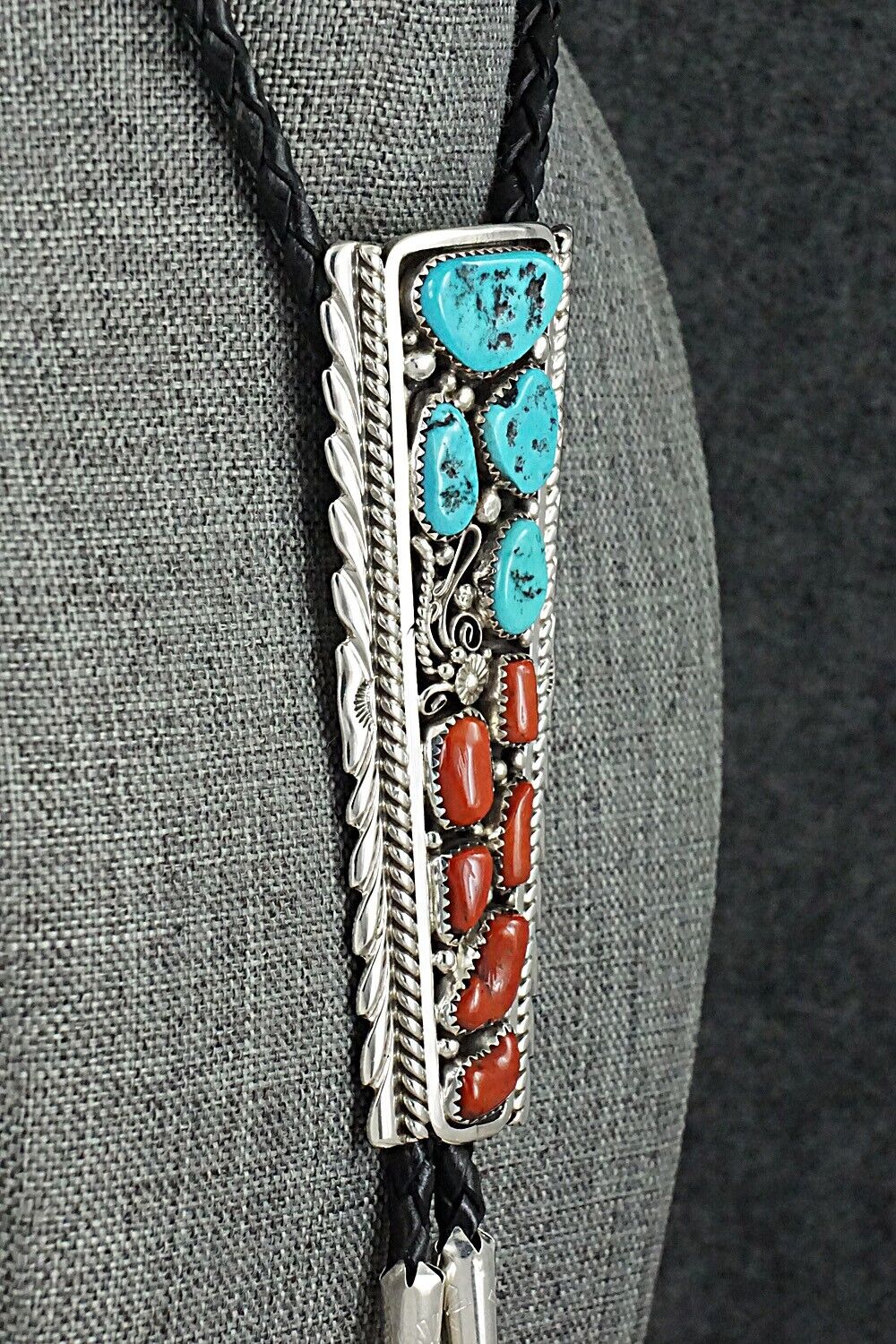 Turquoise, Coral & Sterling Silver Bolo Tie - Martin Muskett